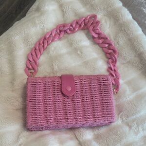 a new day Pink Woven Clutch with Chain Handle